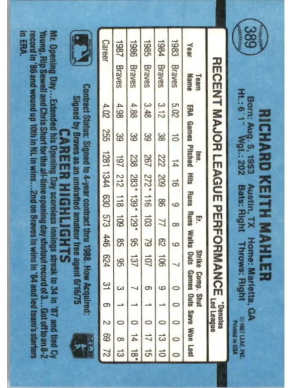 1988 Rick Mahler Donruss Baseball Card #389